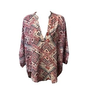 Lush Tunic Top M Multicolor Paisley‎ 3/4 Sleeve Roll Tab V-Neck Boho Chic Fall